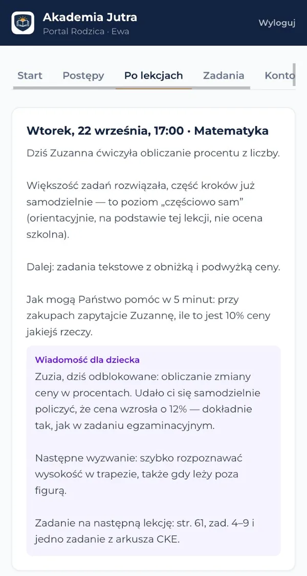 Portal Rodzica, raport po lekcji matematyki z wiadomością dla dziecka